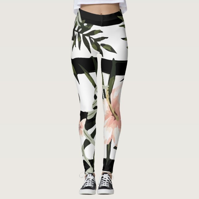 Tropisk persiko Hibiscus Plumeria Blommigt Leggings (Framsida)