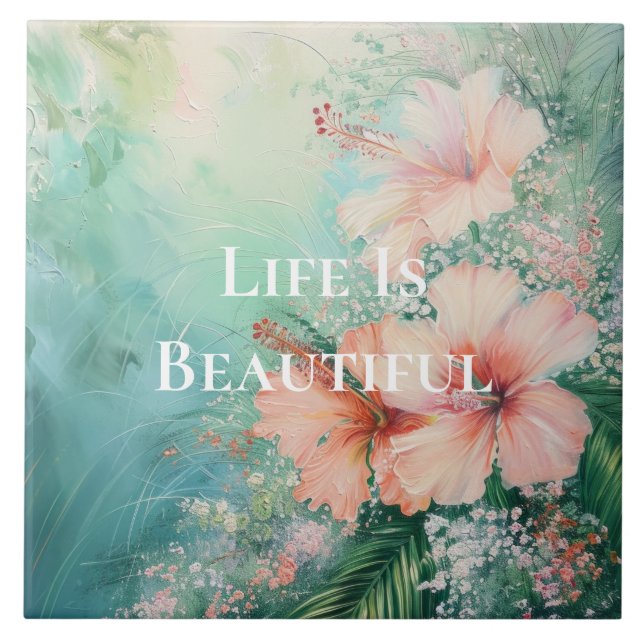 Tropisk persikovit Hibiscus Blommigt Kakelplatta (Framsidan)