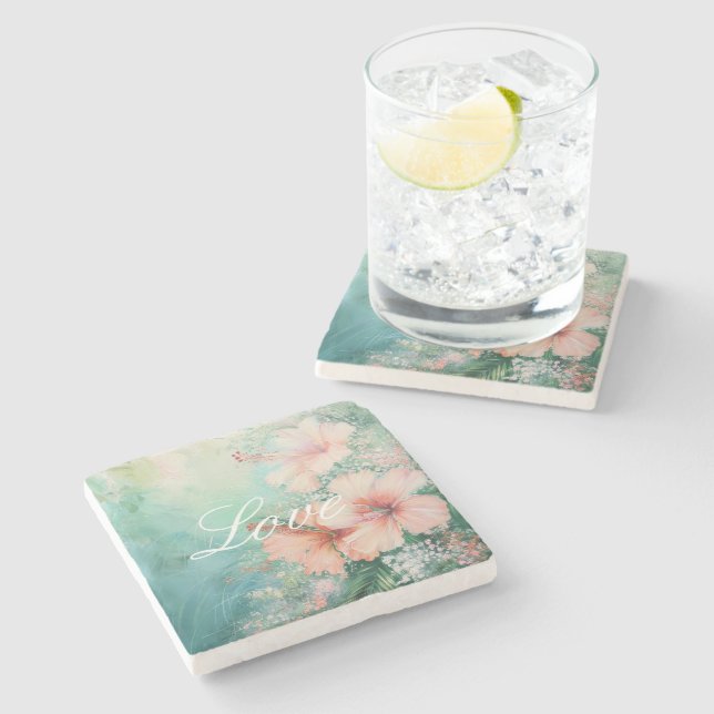 Tropisk persikovit Hibiscus Blommigt Kärlek Stenunderlägg (Sidan)