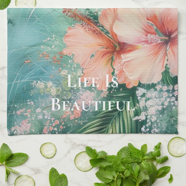 Tropisk persikovit Hibiscus Blommigt Kökshandduk (Vikta)