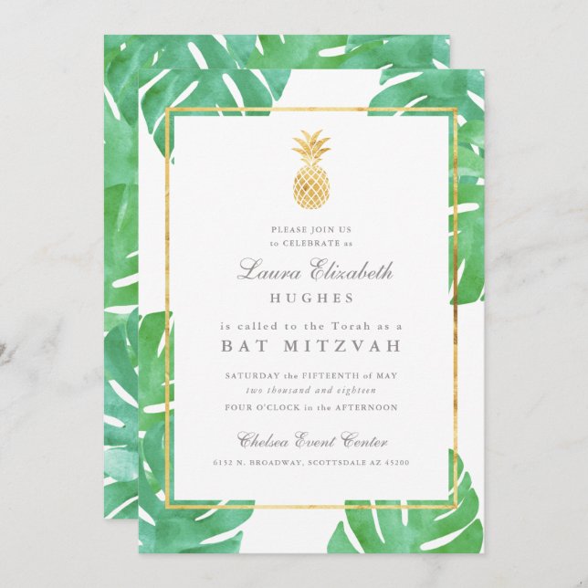 Tropisk Pineapple Bat Mitzvah-inbjudan Inbjudningar (Fram/baksida)