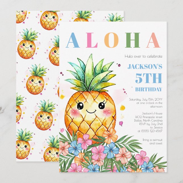 Tropisk Pineapple Blue Aloha Barnkalas Inbjudningar (Fram/baksida)