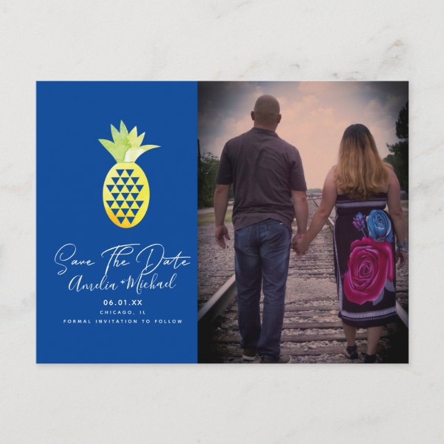 Tropisk Pineapple Blue Save the Date Foto  Vykort (Framsida)