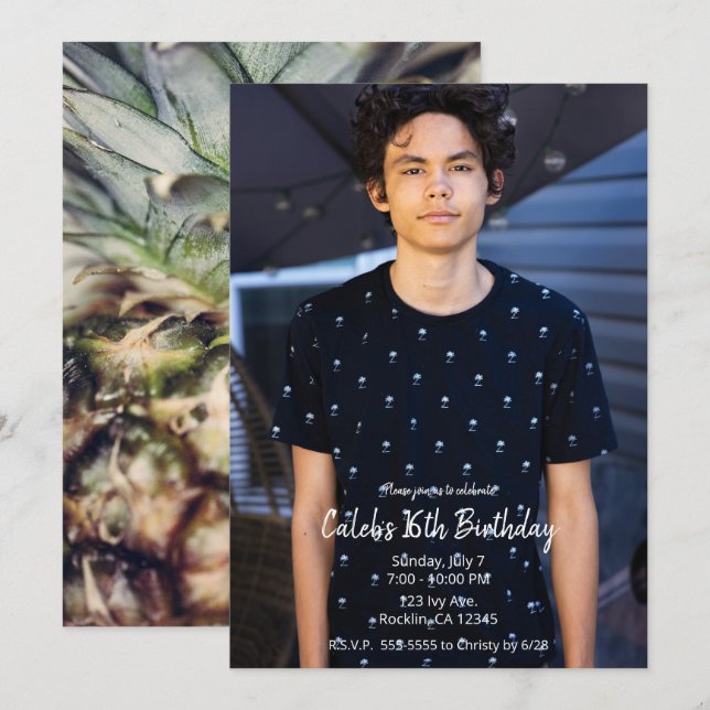 Tropisk Pineapple Modern Foto Födelsedagsfest Inbjudningar (Fram/baksida)