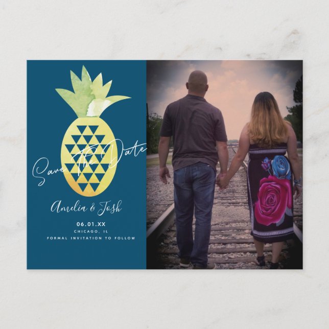 Tropisk Pineapple Navy Spara Datum Foto Vykort (Framsida)