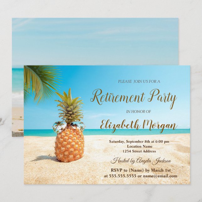 Tropisk Pineapple Strand Sands Pensionärsfest  Inbjudningar (Fram/baksida)