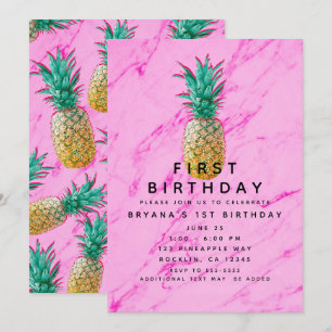 Tropisk Pink Ananas Marmor Första Födelsedagsfest Inbjudningar