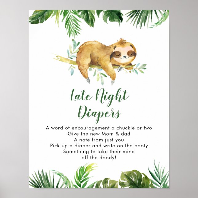 Tropisk pojk Sloth Baby Shower Late night Diaper Poster (Framsidan)