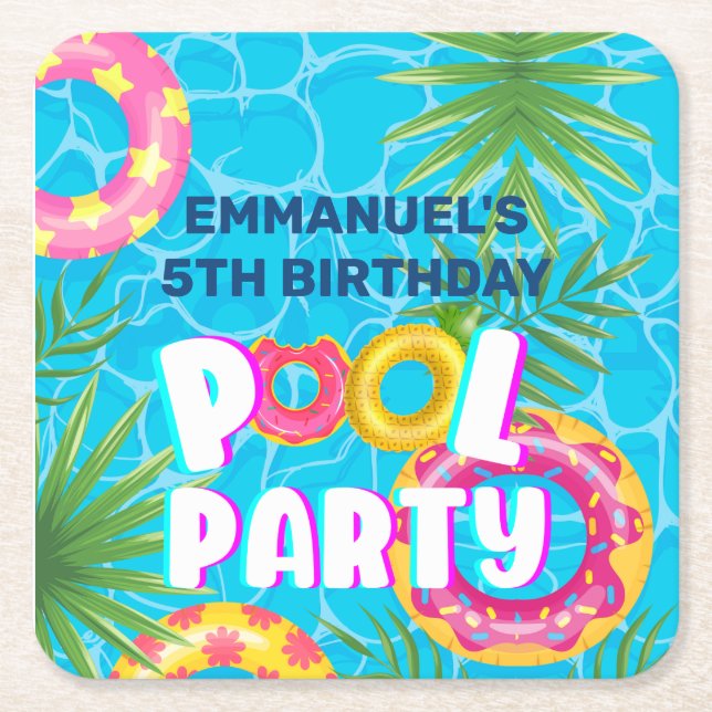Tropisk Poolparty Födelsedag  Underlägg Papper Kvadrat (Framsidan)