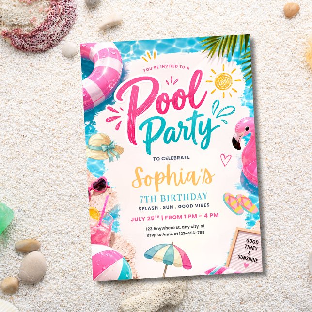 Tropisk poolparty födelsedagsflamingo sommarfest inbjudningar (Skapare uppladdad)