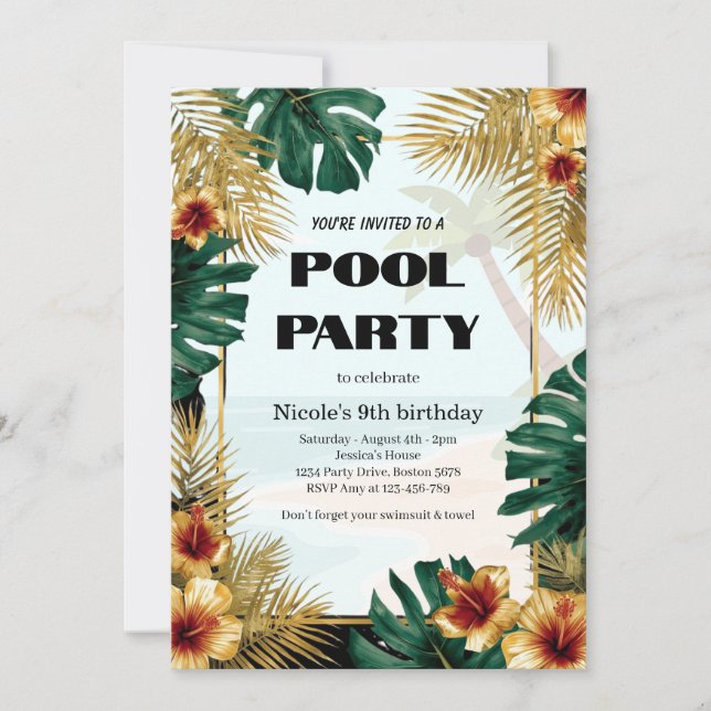 Tropisk poolparty-inbjudan Nicole 9-årsdag Inbjudningar (Framsida)
