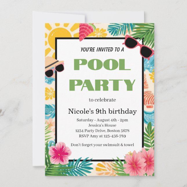Tropisk poolparty-inbjudan Nicole 9-årsdag Inbjudningar (Framsida)