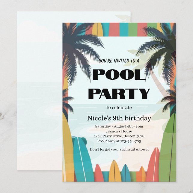 Tropisk poolparty-inbjudan Nicole 9-årsdag Inbjudningar (Fram/baksida)