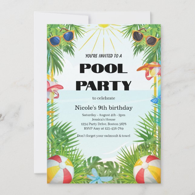 Tropisk poolparty-inbjudan Nicole 9-årsdag Inbjudningar (Framsida)