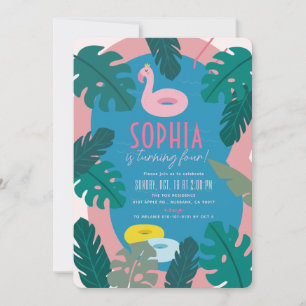 Tropisk Poolparty Rosa Flicka Födelsedag Inbjudningar