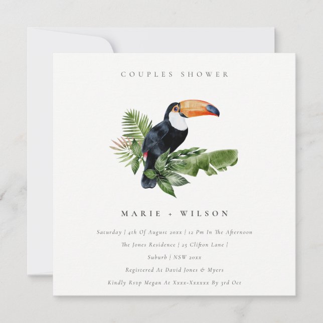 Tropisk regnskog Toucan Par Shower Inbjudan (Framsida)