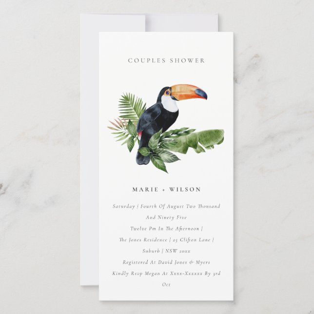 Tropisk regnskog Toucan Par Shower Inbjudan (Framsida)