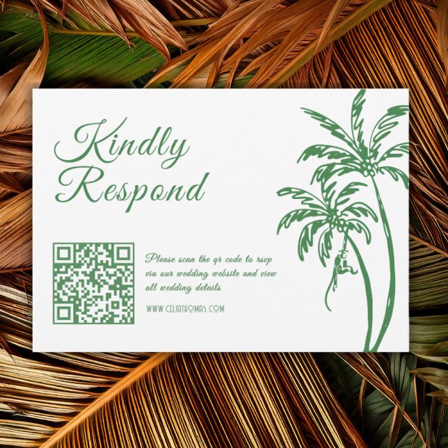 Tropisk Retro Strand Grön Bröllops QR-kod OSA Kort (Skapare uppladdad)
