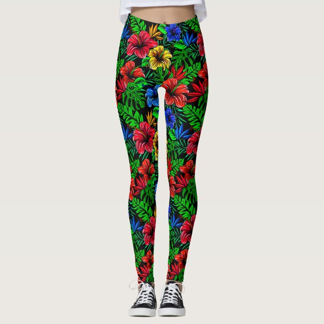 Tropisk röd Gult Blue Hibiscus Flower Leggings (Framsida)