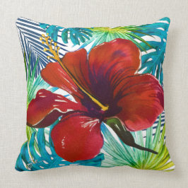 Tropisk röd Hibiscus Blommigt Teal Greenery Beach Kudde