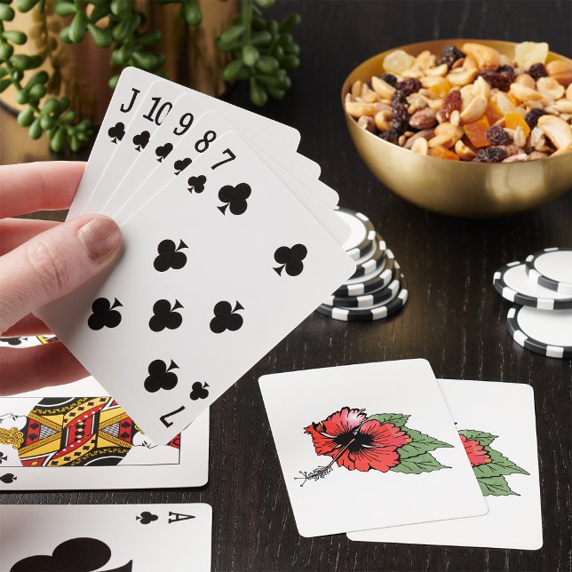 Tropisk röd Hibiscus Blommor med Grönt Löv Casinokort (Skapare uppladdad)