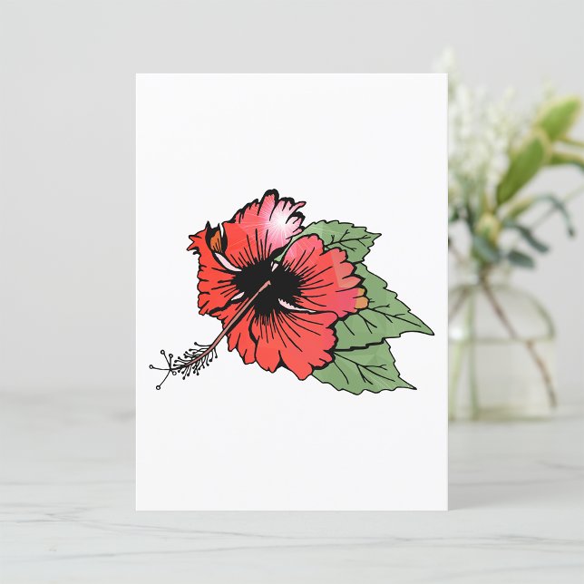 Tropisk röd Hibiscus Blommor med Grönt Löv Inbjudningar (Skapare uppladdad)