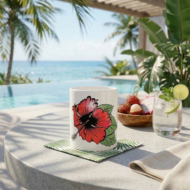 Tropisk röd Hibiscus Blommor med Grönt Löv Kaffemugg (Skapare uppladdad)