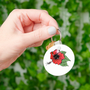 Tropisk röd Hibiscus Blommor med Grönt Löv Nyckelring