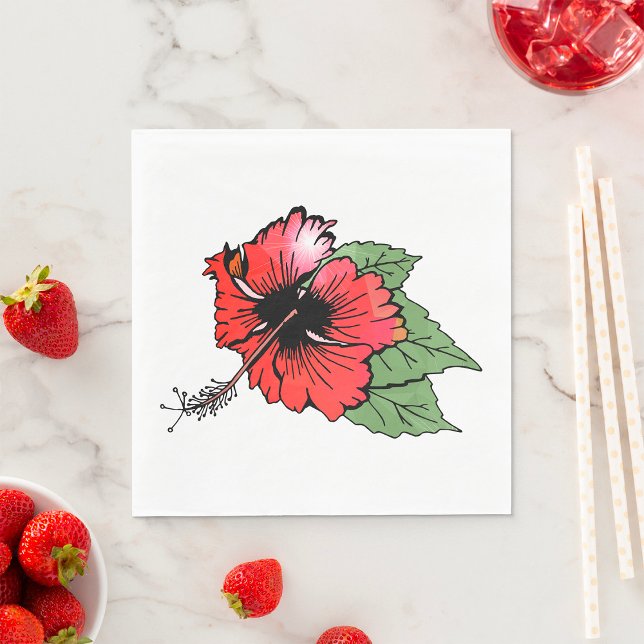 Tropisk röd Hibiscus Blommor med Grönt Löv Pappersservett (Skapare uppladdad)