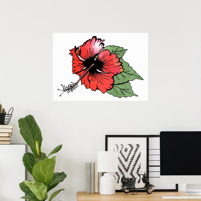 Tropisk röd Hibiscus Blommor med Grönt Löv Poster (Skapare uppladdad)