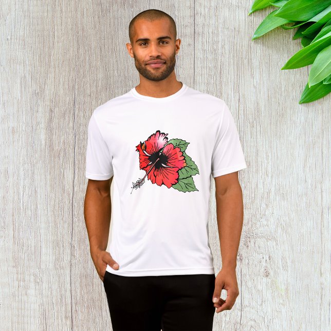 Tropisk röd Hibiscus Blommor med Grönt Löv T Shirt (Skapare uppladdad)