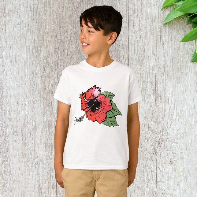 Tropisk röd Hibiscus Blommor med Grönt Löv T Shirt (Skapare uppladdad)