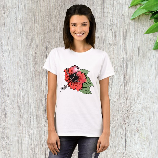Tropisk röd Hibiscus Blommor med Grönt Löv T Shirt (Skapare uppladdad)