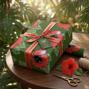 Tropisk röd hibiskusblomma med gröna blad presentpapper