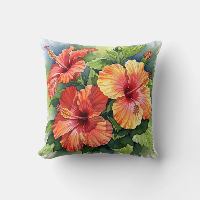 Tropisk röd och gul hibiskus akvarell blomster kudde (Framsida)