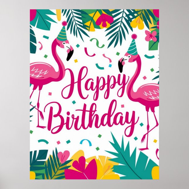 Tropisk Roligt Flamingo Birthday Design Poster (Framsidan)