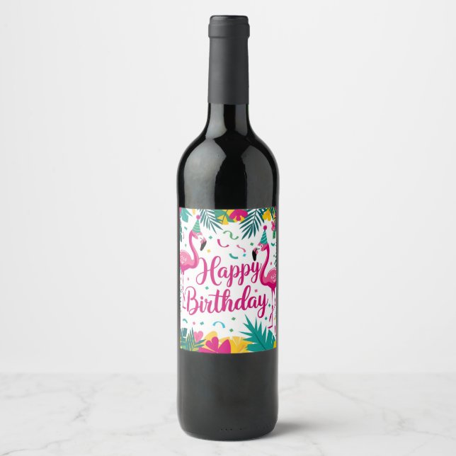 Tropisk Roligt Flamingo Birthday Design Vinflaska Etikett (Framsida)