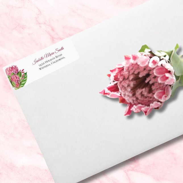 Tropisk Rosa Akvarell Protea Blommig Bröllop Returadress Etikett (Skapare uppladdad)