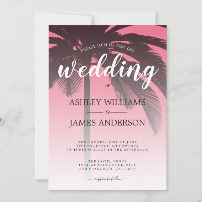 Tropisk Rosa Beach Wedding Handflatan Träd Inbjudningar (Framsida)