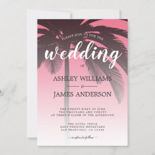 Tropisk Rosa Beach Wedding Handflatan Träd Inbjudningar