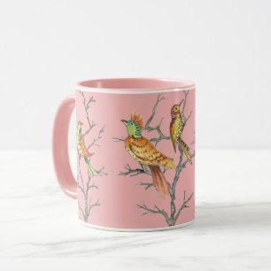 Tropisk Rosa Birds Grenar Chinoiserie Söt Mugg