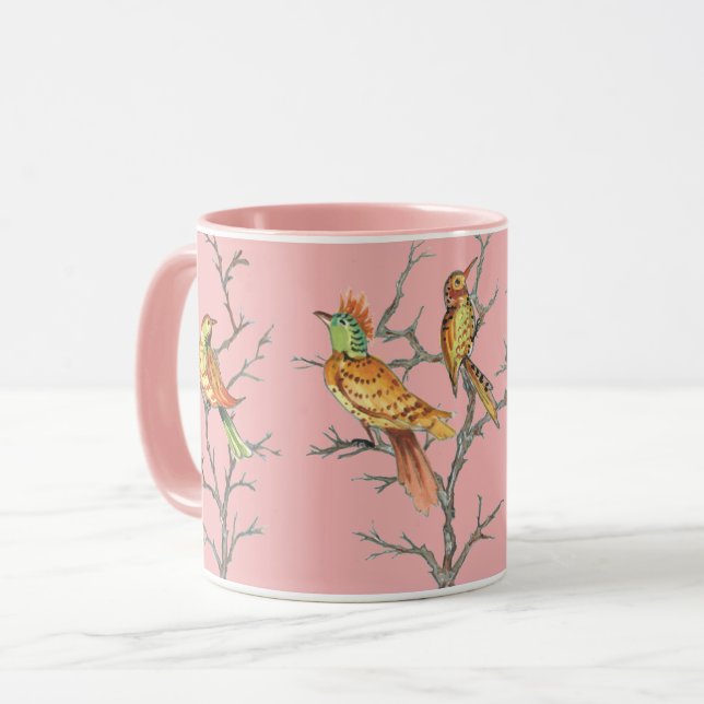 Tropisk Rosa Birds Grenar Chinoiserie Söt Mugg (Framsida vänster)