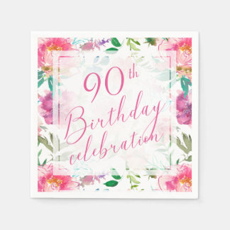 Tropisk Rosa Blommig Akvarell 90-årsdag Pappersservett