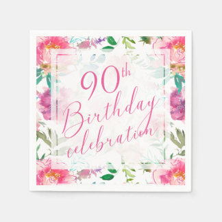 Tropisk Rosa Blommig Akvarell 90-årsdag Pappersservett