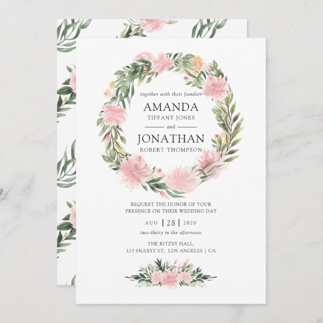Tropisk Rosa Blommigt Bröllop Inbjudningar (Fram/baksida)