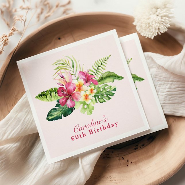 Tropisk Rosa Blommigt Greenery Birthday Napkins Pappersservett (Skapare uppladdad)