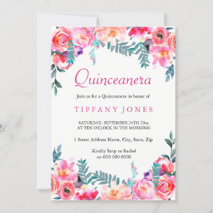 Tropisk Rosa Blommigt Watercolor Quinceanera Inbju Inbjudningar