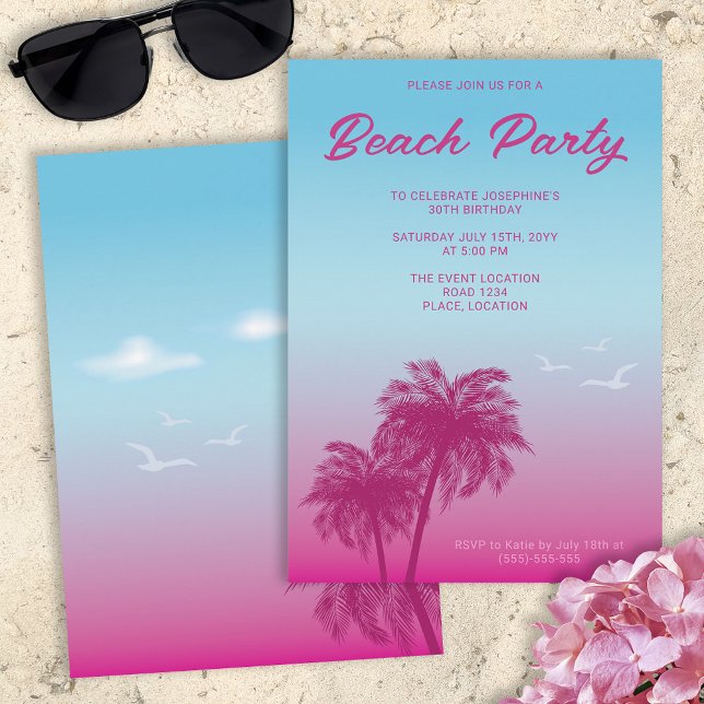 Tropisk Rosa Blue Beach Party Handflatan Träd föde Inbjudningar (Skapare uppladdad)