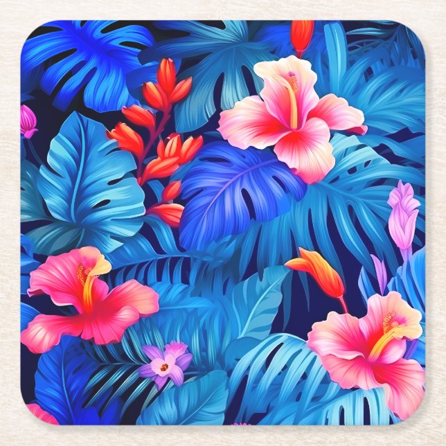 Tropisk  - Rosa Blue Lila Papper Underlägg Kvadrat (Framsidan)