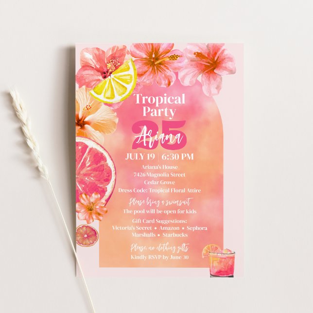 Tropisk Rosa Citrus Solnedgångsbåge Födelsedag Inbjudningar (Tropical Pink Citrus Sunset Arch Birthday Invitation)